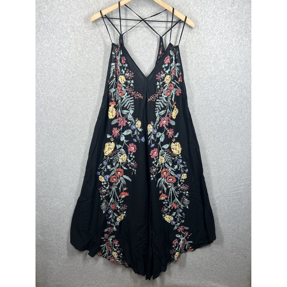 Free People Intimately Dress Womens S Black Floral Embroidered Strappy Boho EUC